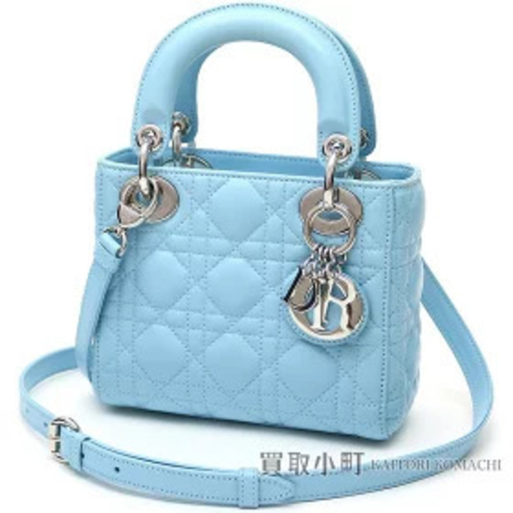 Dior Lady Handbag Blue Lambskin Cannage Stitch Quilting Charm Shoulder Bag